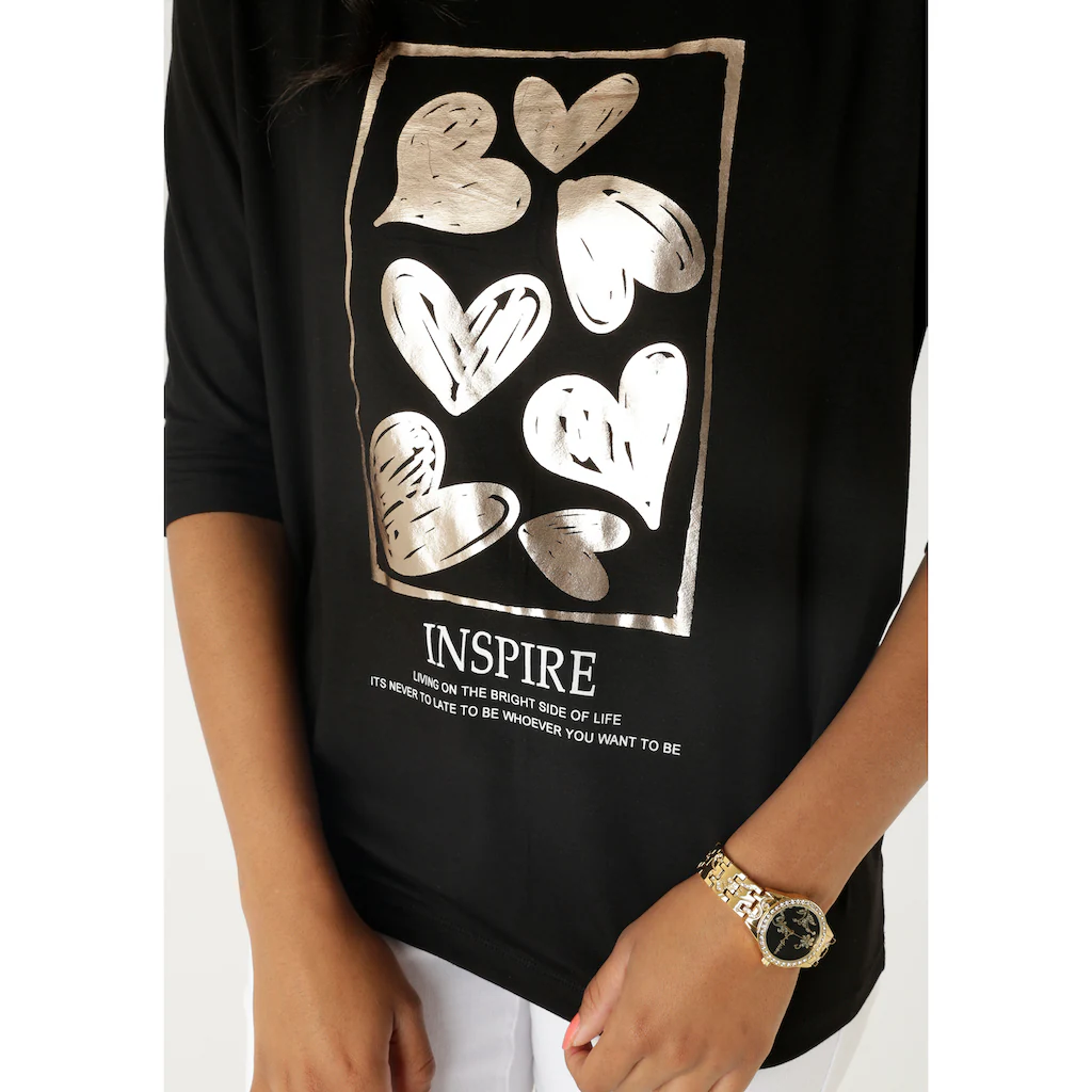 Aniston SELECTED 3/4-Arm-Shirt Mit Goldfarbigen Herzen Und Statementspruch - NEUE KOLLEKTION