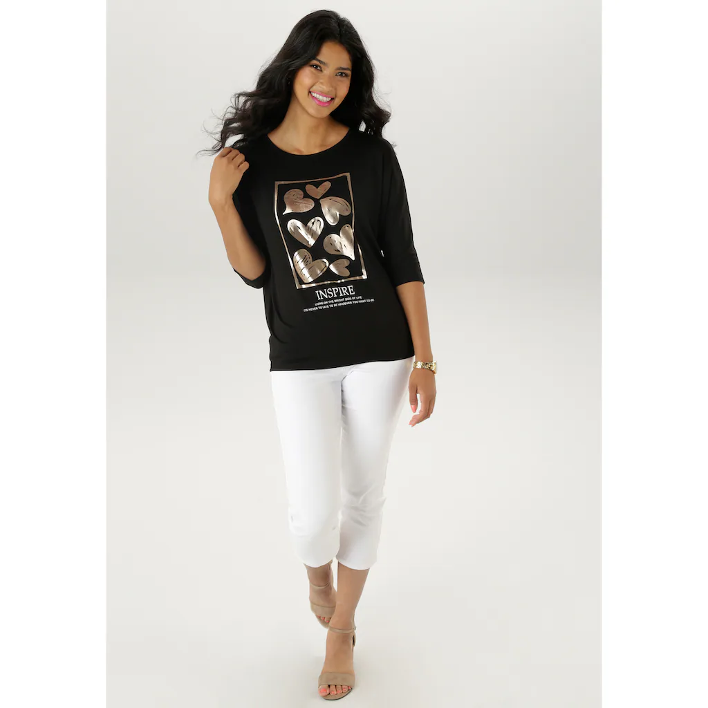 Aniston SELECTED 3/4-Arm-Shirt Mit Goldfarbigen Herzen Und Statementspruch - NEUE KOLLEKTION