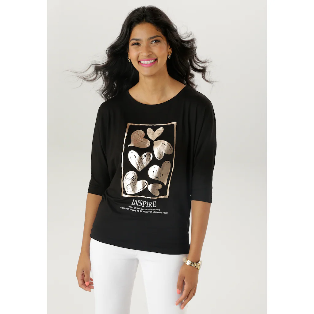 Aniston SELECTED 3/4-Arm-Shirt mit goldfarbigen Herzen und Statementspruch - NEUE KOLLEKTION