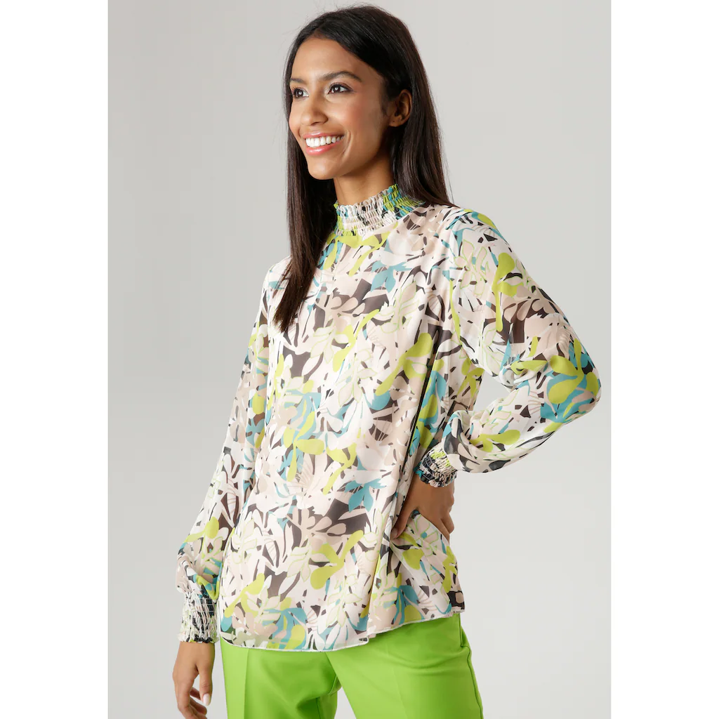 Aniston SELECTED Chiffonbluse mit Blätterdruck und Smokbündchen