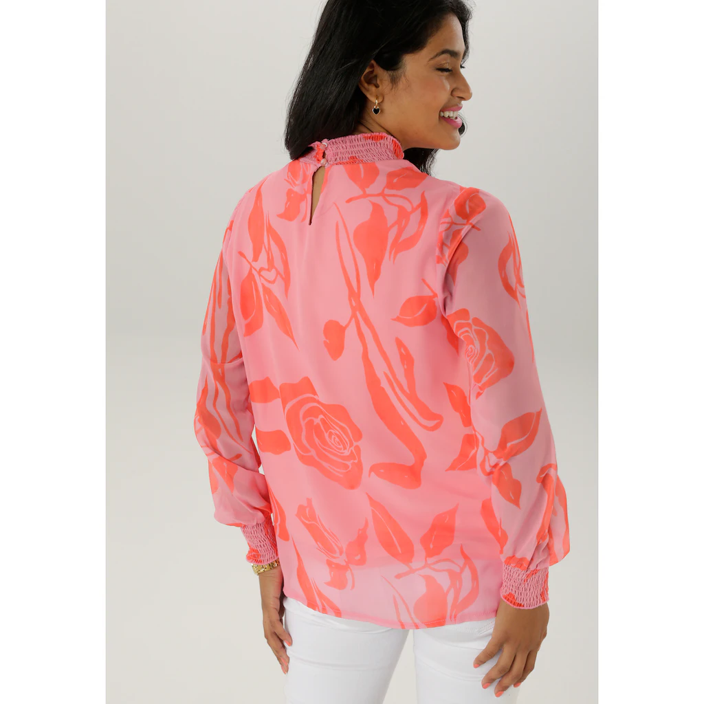 Aniston SELECTED Chiffonbluse Mit Blüten- Und Blätterdruck Und Smok-Einsätzen - NEUE KOLLEKTION