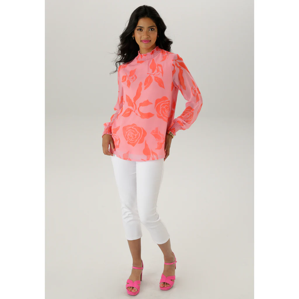 Aniston SELECTED Chiffonbluse Mit Blüten- Und Blätterdruck Und Smok-Einsätzen - NEUE KOLLEKTION