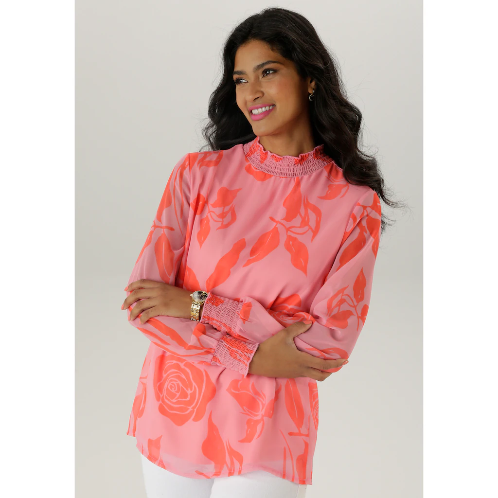 Aniston SELECTED Chiffonbluse mit Blüten- und Blätterdruck und Smok-Einsätzen - NEUE KOLLEKTION