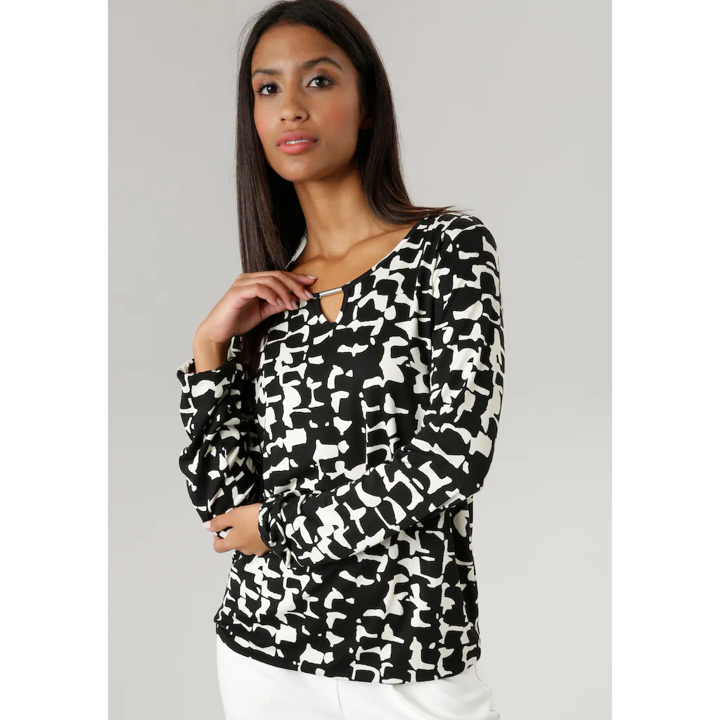 Aniston SELECTED Langarmshirt mit Allover-Druck Zierstäbchen und Cut Out