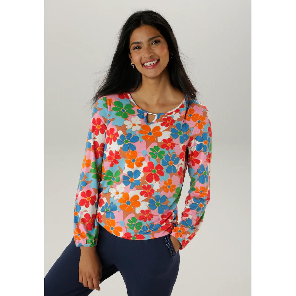 Aniston SELECTED Langarmshirt mit Cut-out und farbenfrohem Blütendruck - NEUE KOLLEKTION