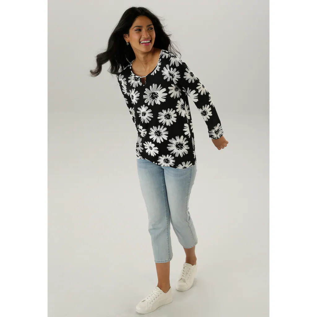 Aniston SELECTED Langarmshirt Mit Cut-out Und Phantasievollem Blumenmuster - NEUE KOLLEKTION