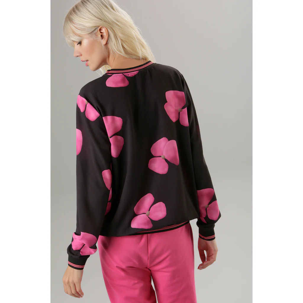 Aniston SELECTED Schlupfbluse Mit Blütendruck Und Gestreiften Bündchen