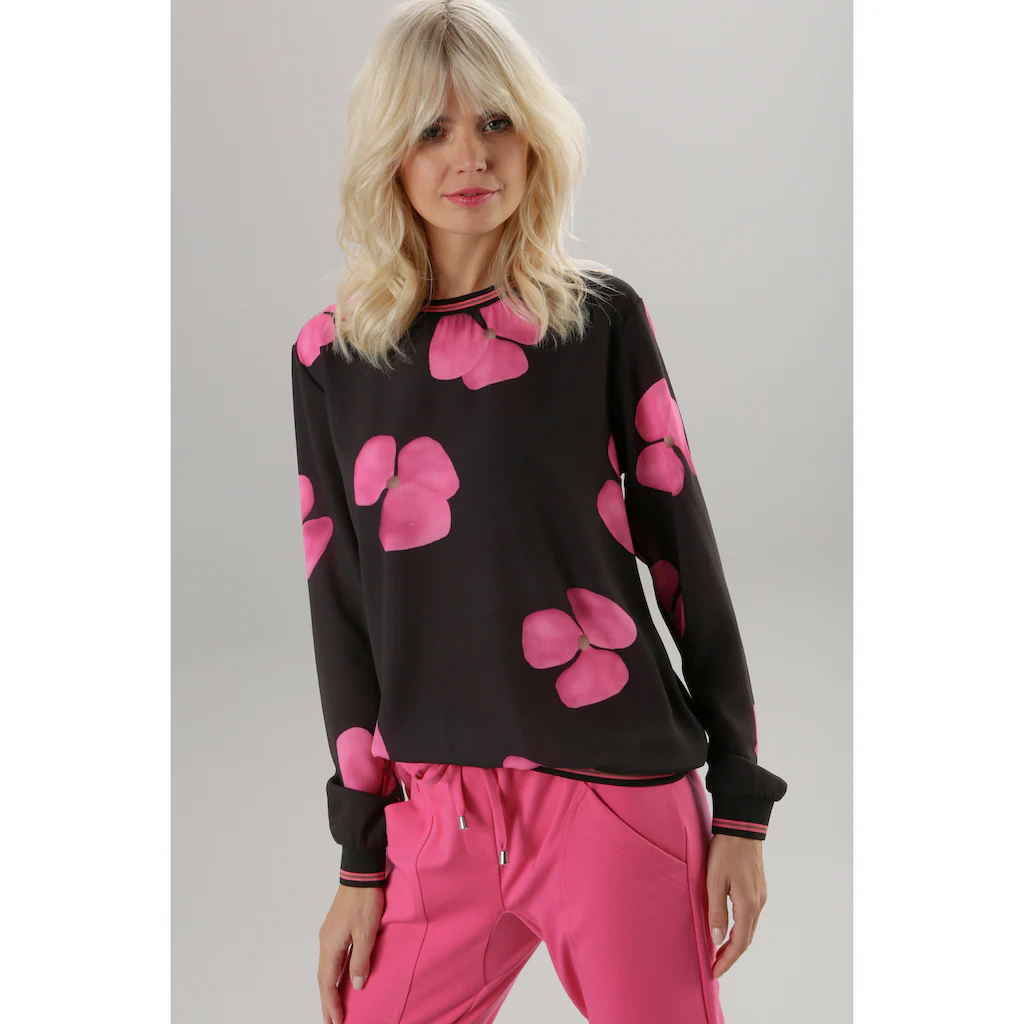 Aniston SELECTED Schlupfbluse mit Blütendruck und gestreiften Bündchen