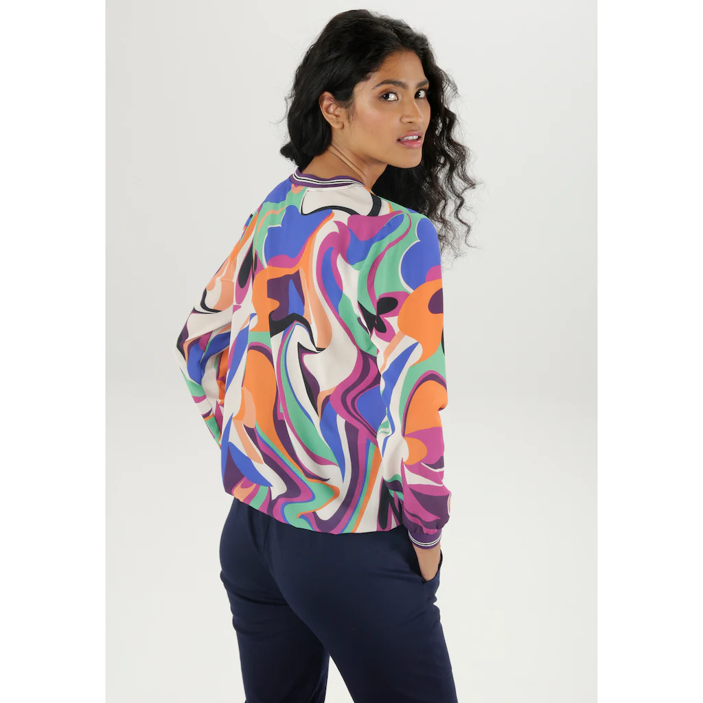 Aniston SELECTED Shirtbluse Mit Farbenfrohem Print Und Streifen Auf Den Bündchen