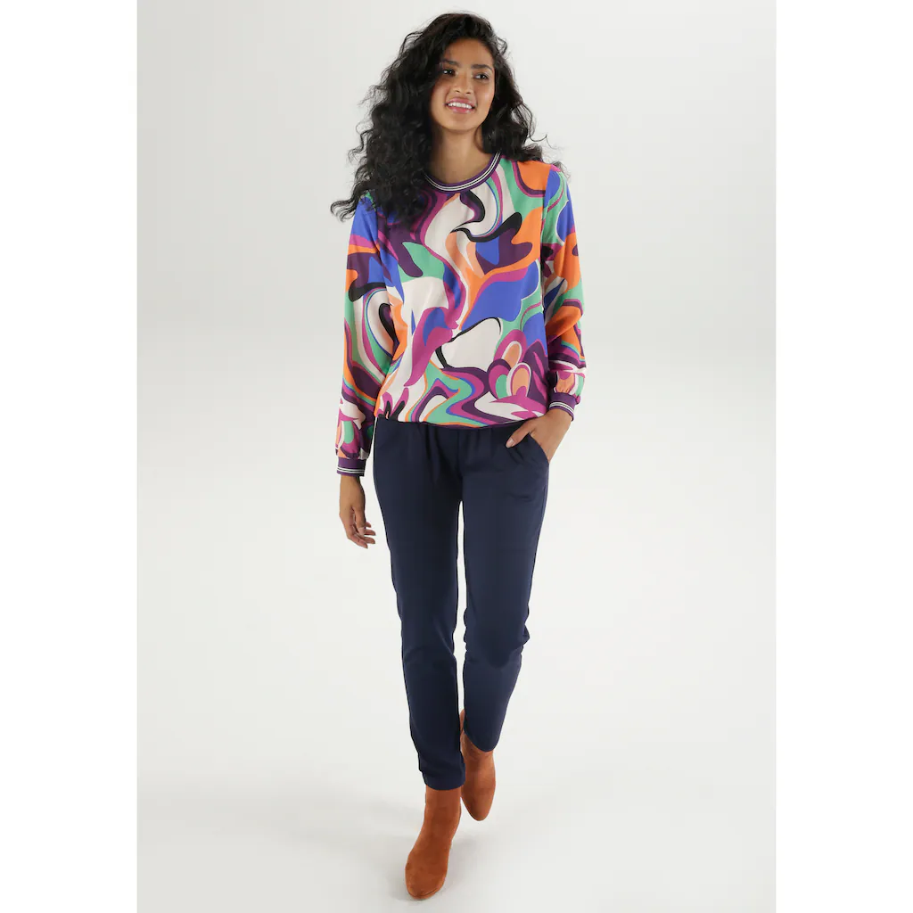 Aniston SELECTED Shirtbluse Mit Farbenfrohem Print Und Streifen Auf Den Bündchen