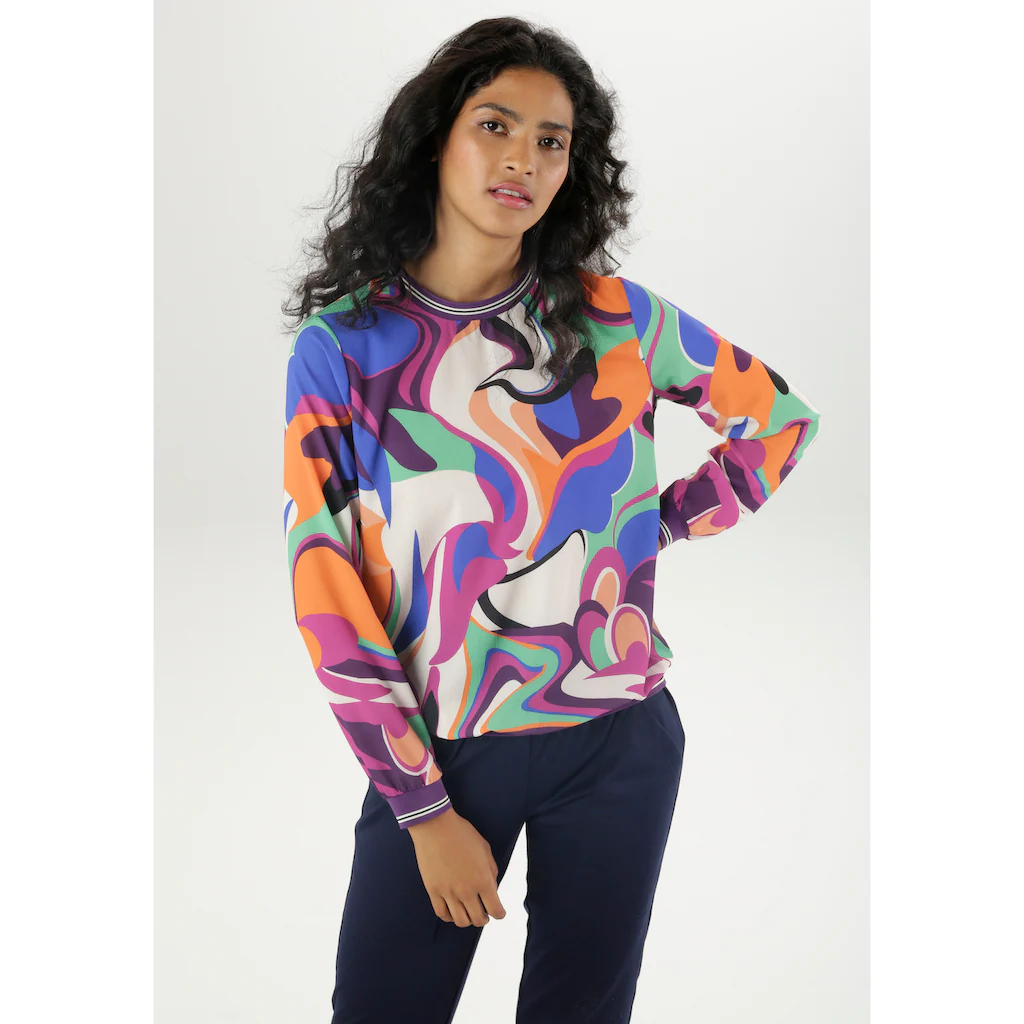 Aniston SELECTED Shirtbluse mit farbenfrohem Print und Streifen auf den Bündchen