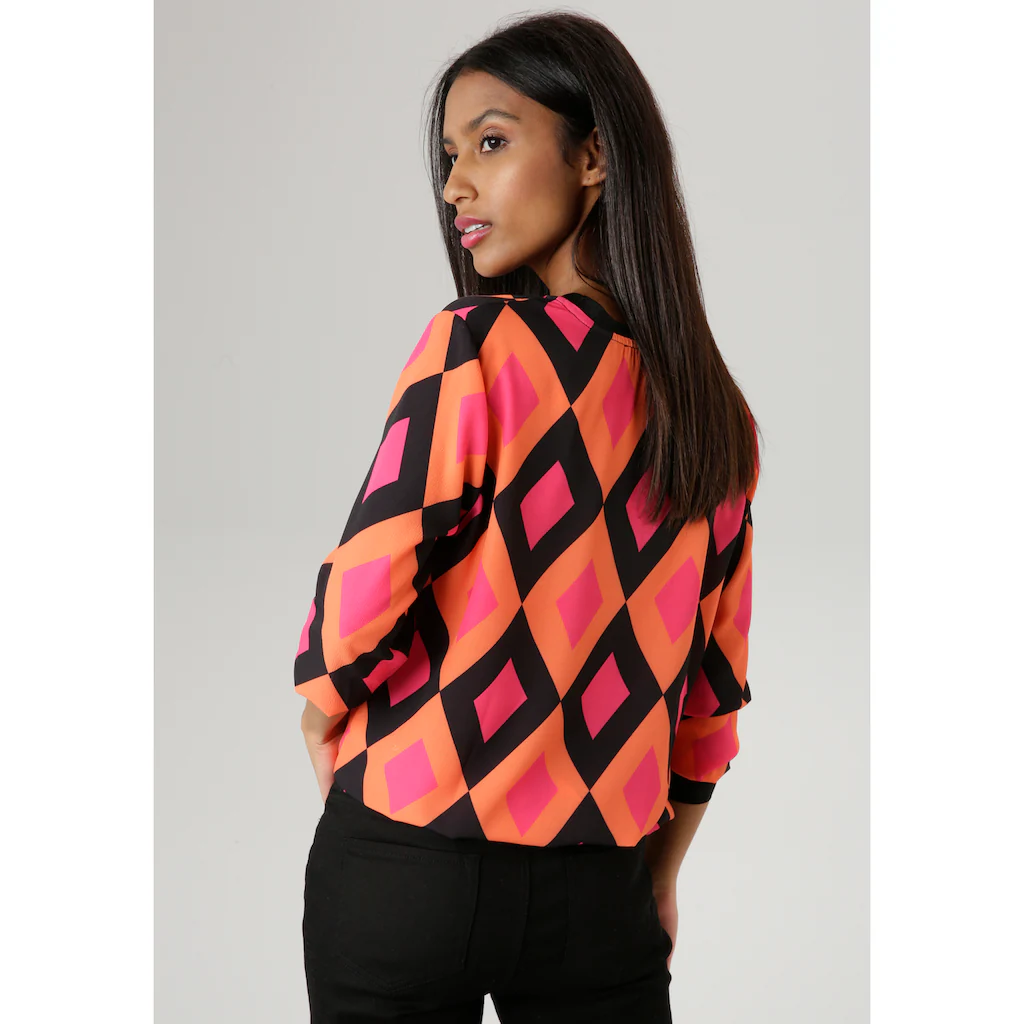 Aniston SELECTED Shirtbluse Mit Unifarbenen Bündchen Und Retro-Muster