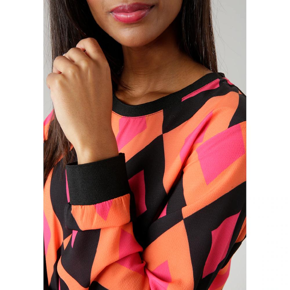 Aniston SELECTED Shirtbluse Mit Unifarbenen Bündchen Und Retro-Muster