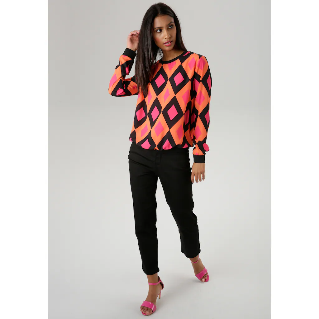 Aniston SELECTED Shirtbluse Mit Unifarbenen Bündchen Und Retro-Muster