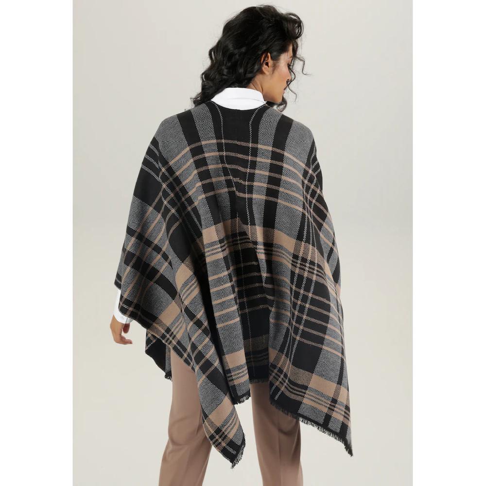 Aniston SELECTED Strickponcho Mit Karo-Muster Und Fransen