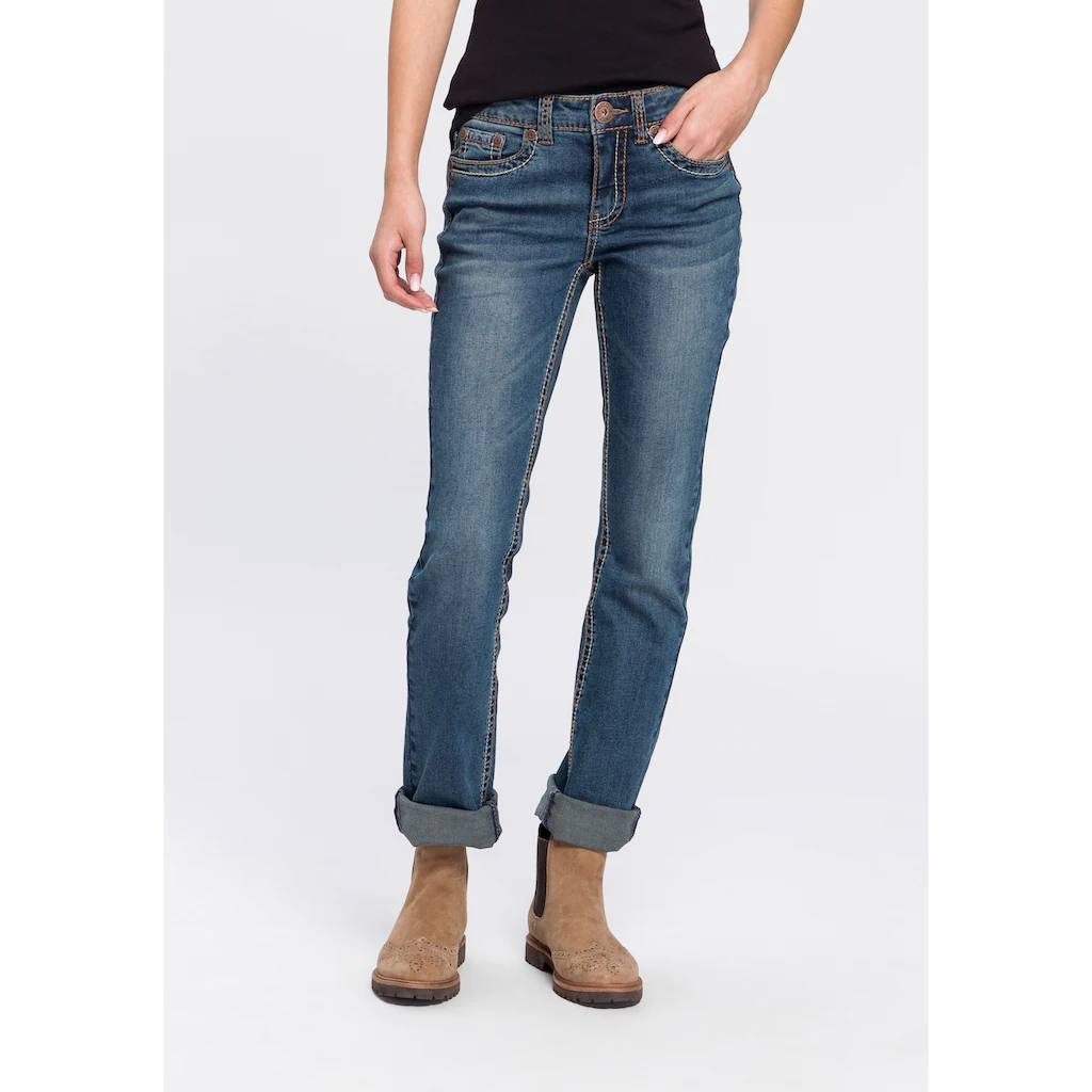 Arizona Gerade Jeans »Kontrastnähte« Niedrige Leibhöhe In 5-Pocket-Form Used-Look-Waschung