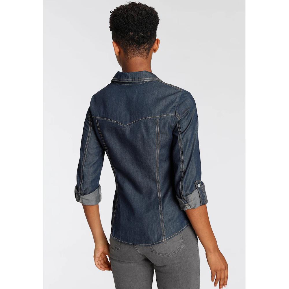 Arizona Jeansbluse »mit Druckknöpfen In Perlmuttoptik« Und Krempelärmeln