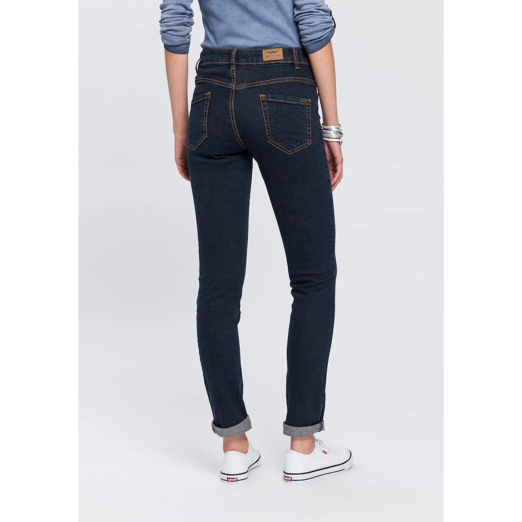 Arizona Slim-fit-Jeans »Bund Mit Seitlichem Gummizugeinsatz« Schmale Passform Röhrenjeans Used-Waschung Hohe Leibhöhe