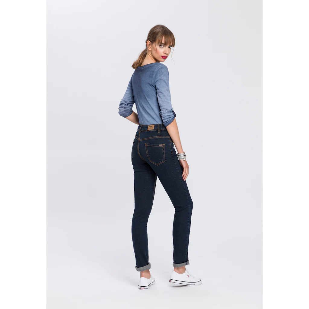 Arizona Slim-fit-Jeans »Bund Mit Seitlichem Gummizugeinsatz« Schmale Passform Röhrenjeans Used-Waschung Hohe Leibhöhe