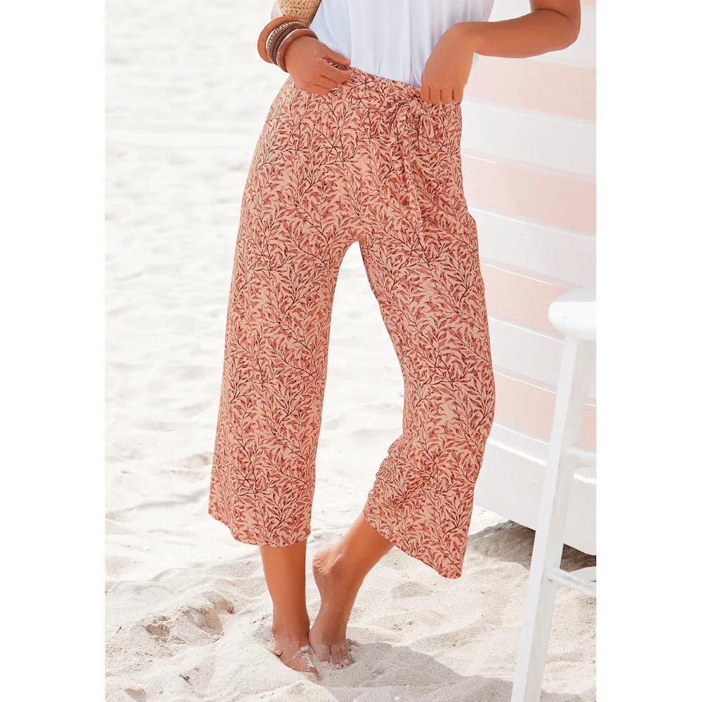 Beachtime Culotte (mit Bindegürtel) mit Blätterdruck und Bindeband luftig-leichte Sommerhose