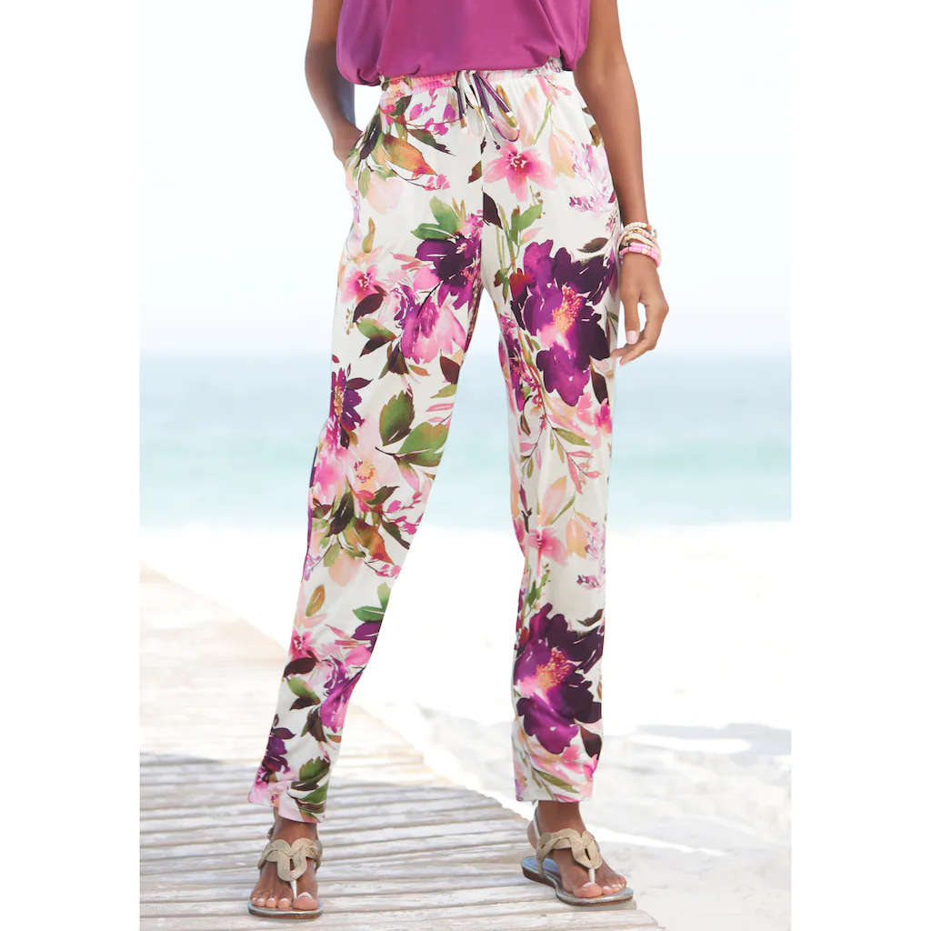 Beachtime Jerseyhose mit Blumendruck und elastischem Bund Sommerhose Strandhose