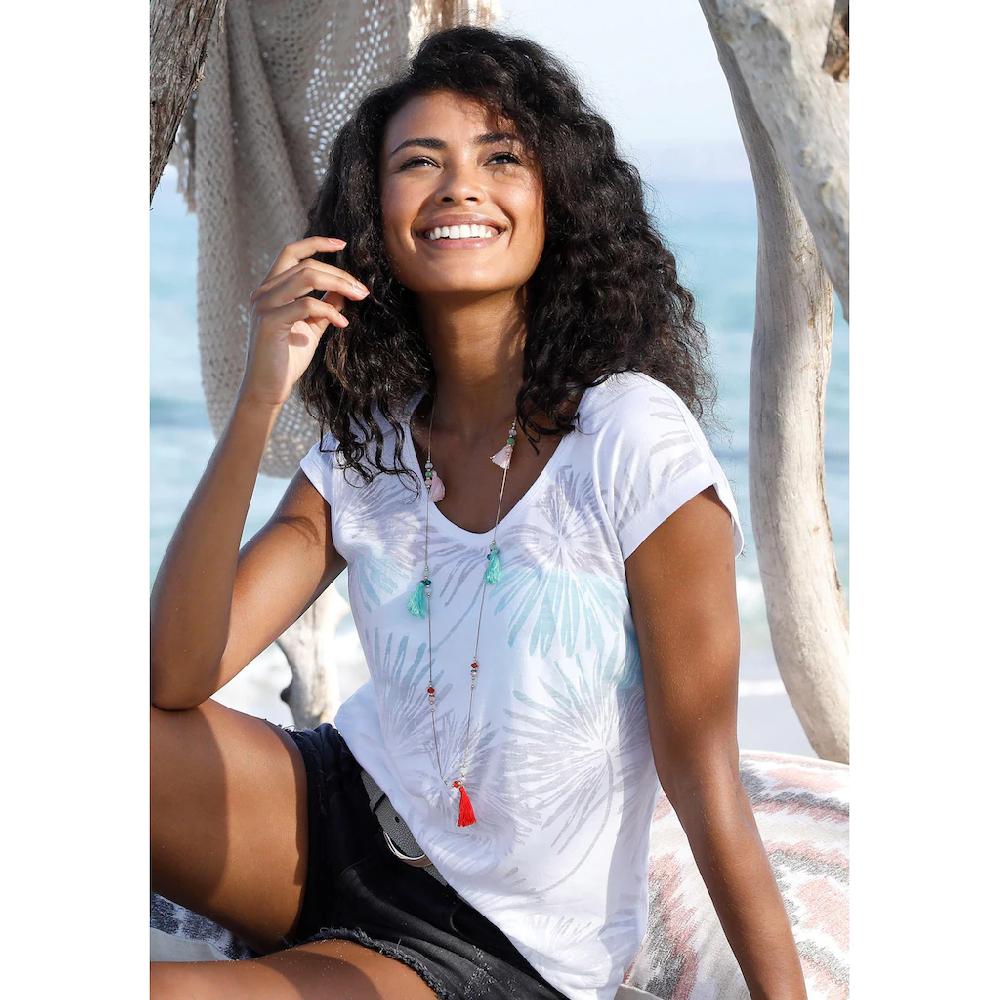 Beachtime Kurzarmshirt »mit Leicht Transparenten Palmen« (2er-Pack) Aus Weicher Ausbrenner-Qualität