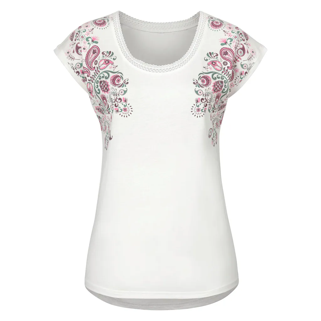 Beachtime Kurzarmshirt »mit Print Und Zarter Spitze Am Ausschnitt« Aus Weicher Viskose-Baumwoll-Qualität