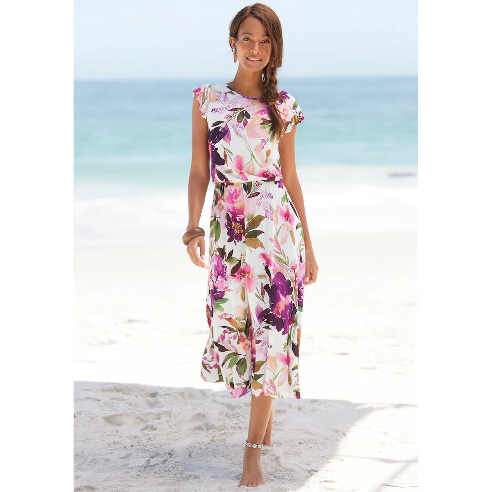 Beachtime Midikleid mit Blumendruck und Gummizug Sommerkleid Strandkleid