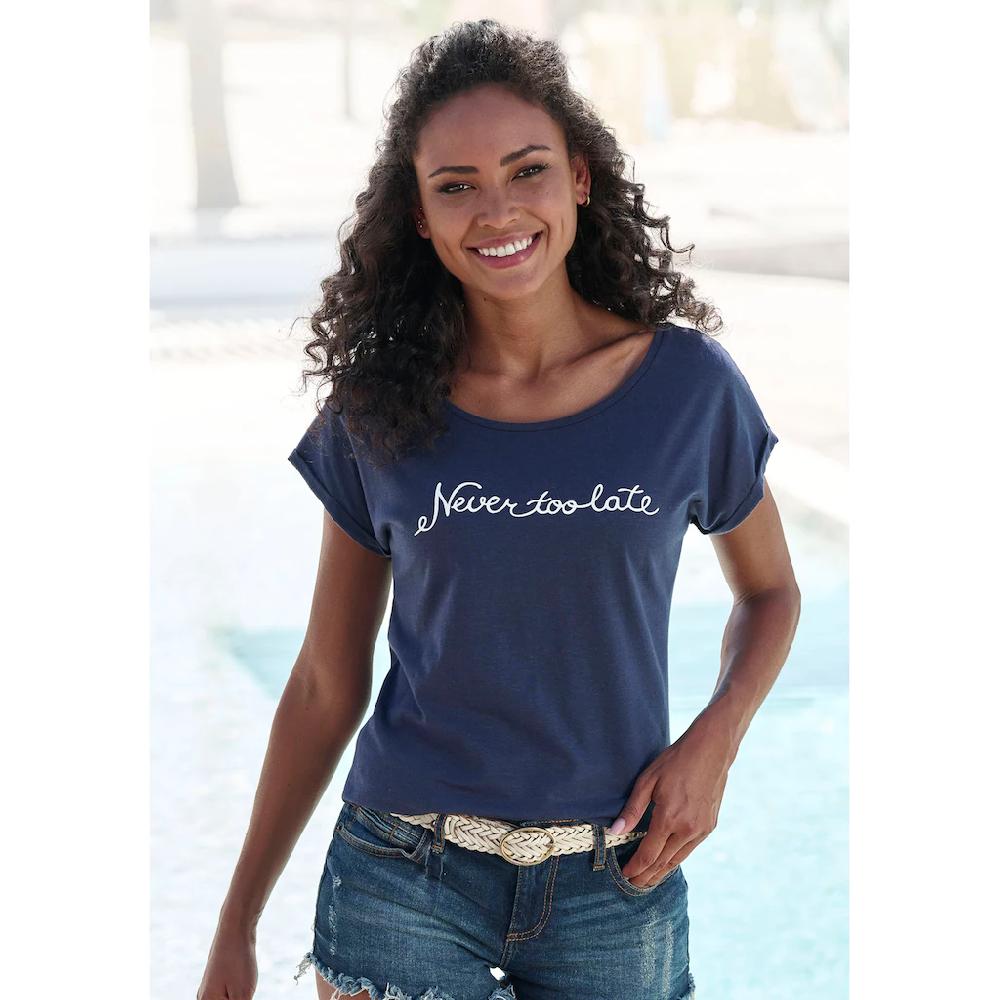 Beachtime T-Shirt »mit Frontdruck "Never too late"« aus weicher Baumwoll-Qualität