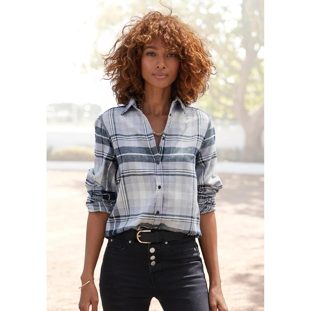 Buffalo Hemdbluse aus weichem Flanell mit Blusenkragen Flanellhemd Karobluse