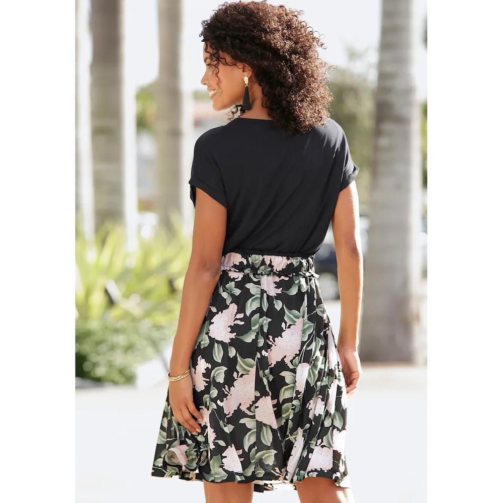 Buffalo Jerseykleid Mit Paperbag-Bund Und Bedrucktem Rock Kurzes Sommerkleid Strandkleid