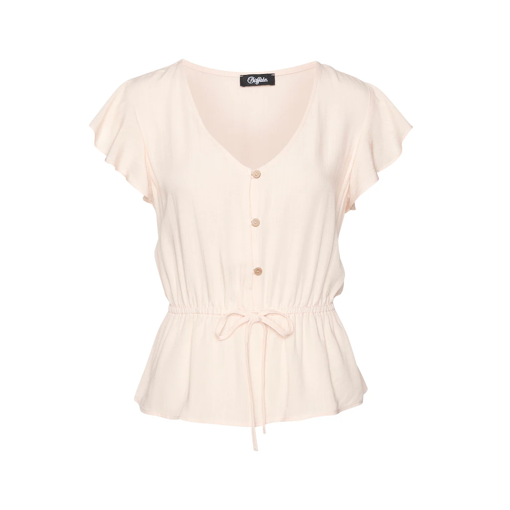 Buffalo Kurzarmbluse Mit Knöpfen In Holzoptik Sommerliche Damenbluse Mit Rüschenärmeln