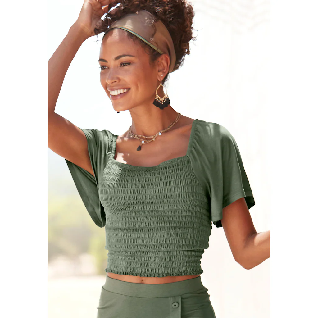 Buffalo Kurzarmshirt mit Volantärmeln Blusenshirt figurbetont Stretch-Qualität