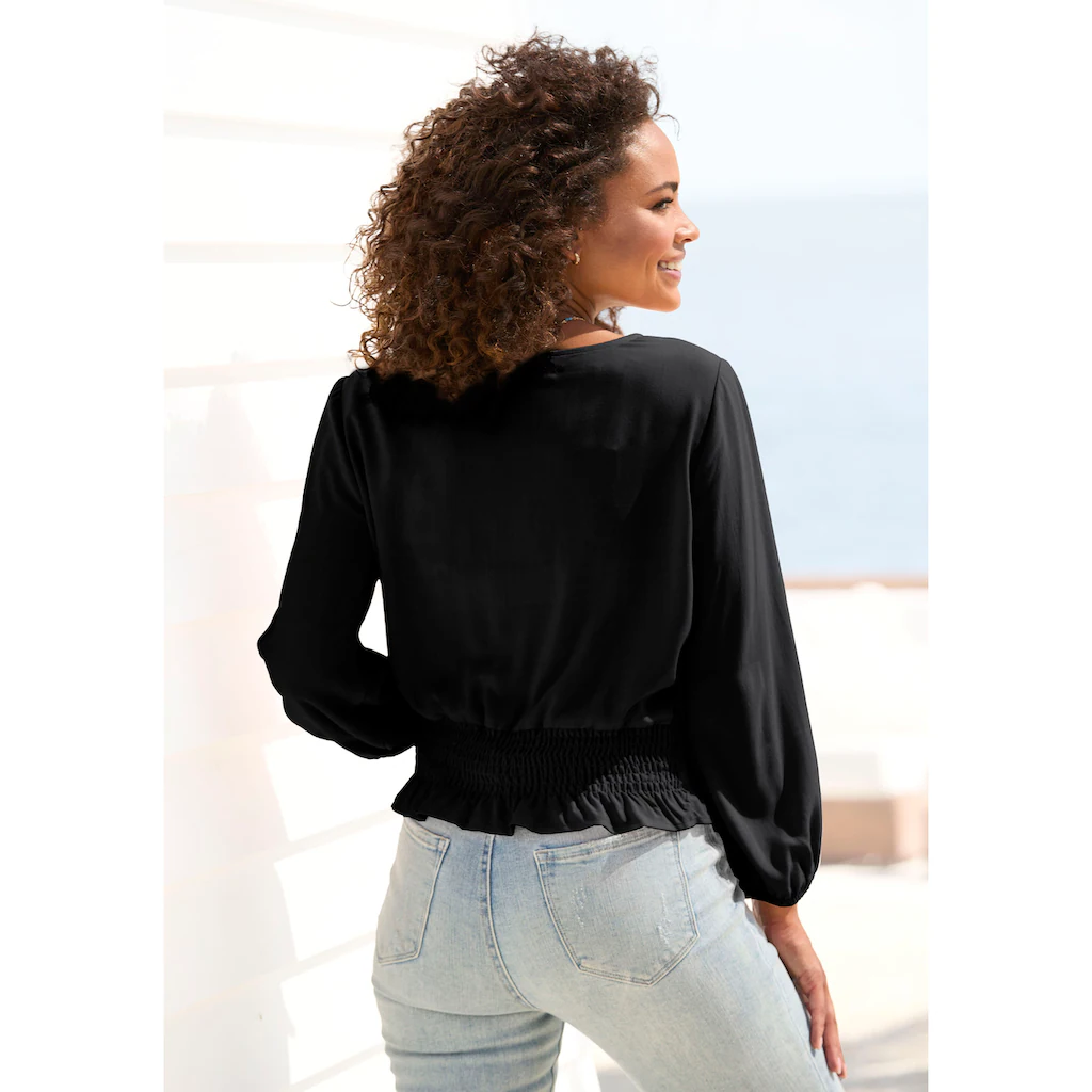 Buffalo Langarmbluse Mit Breitem Smoksaum Sommerliche Damenbluse Mit V-Ausschnitt