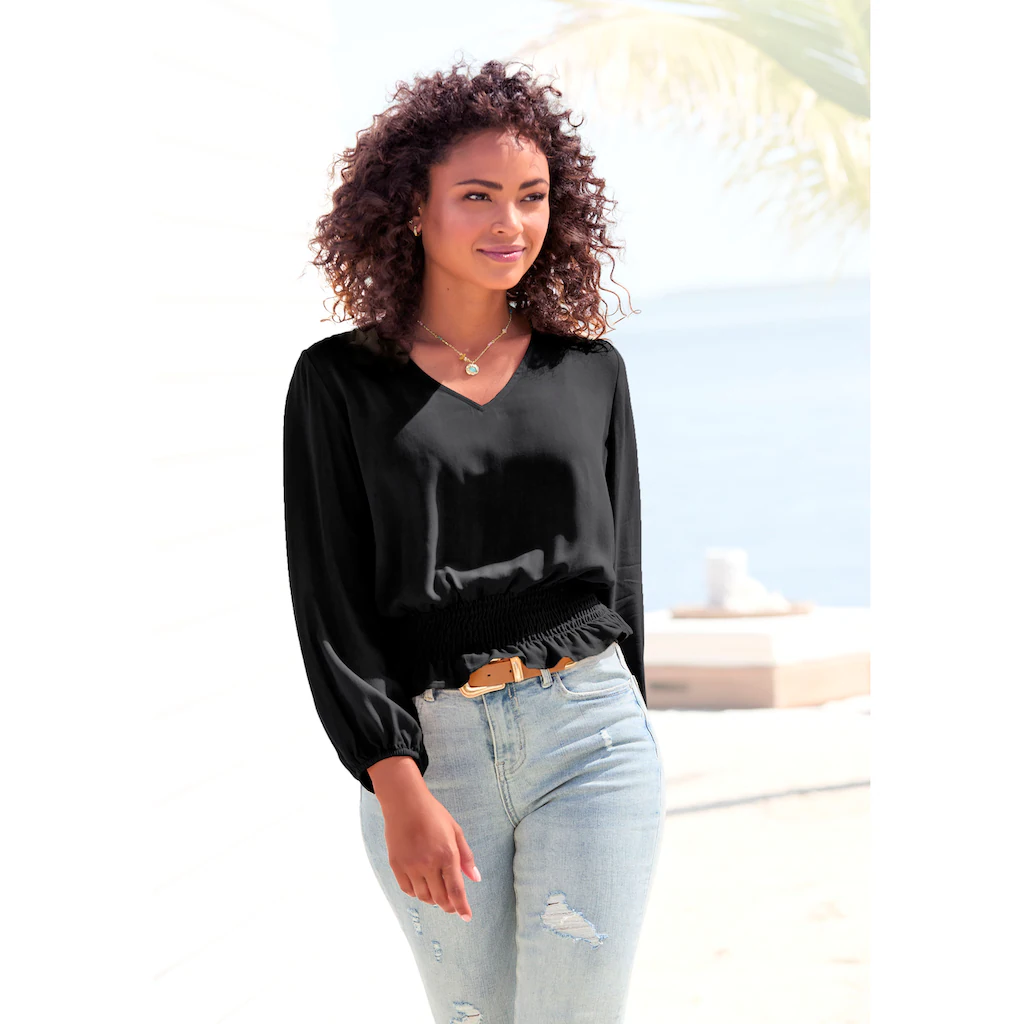 Buffalo Langarmbluse mit breitem Smoksaum sommerliche Damenbluse mit V-Ausschnitt