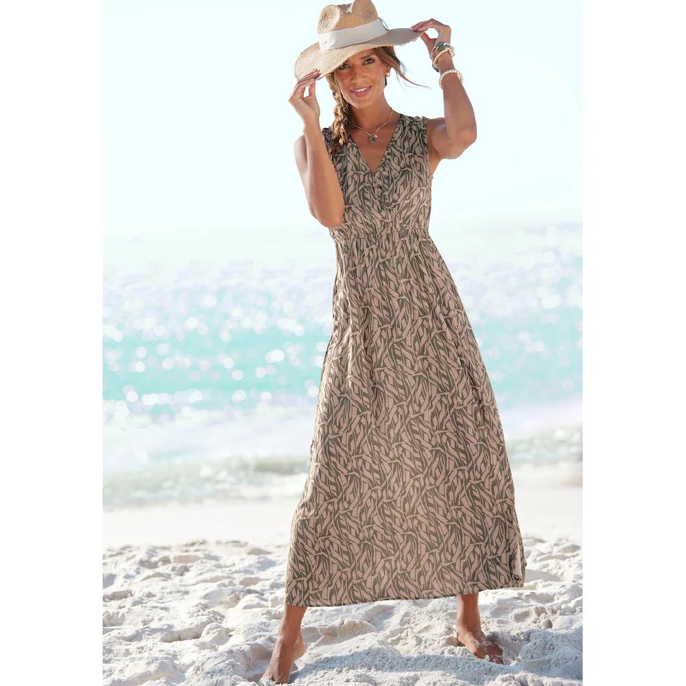 Buffalo Maxikleid im Alloverprint mit V-Ausschnitt und Schlitz Sommerkleid Strandkleid