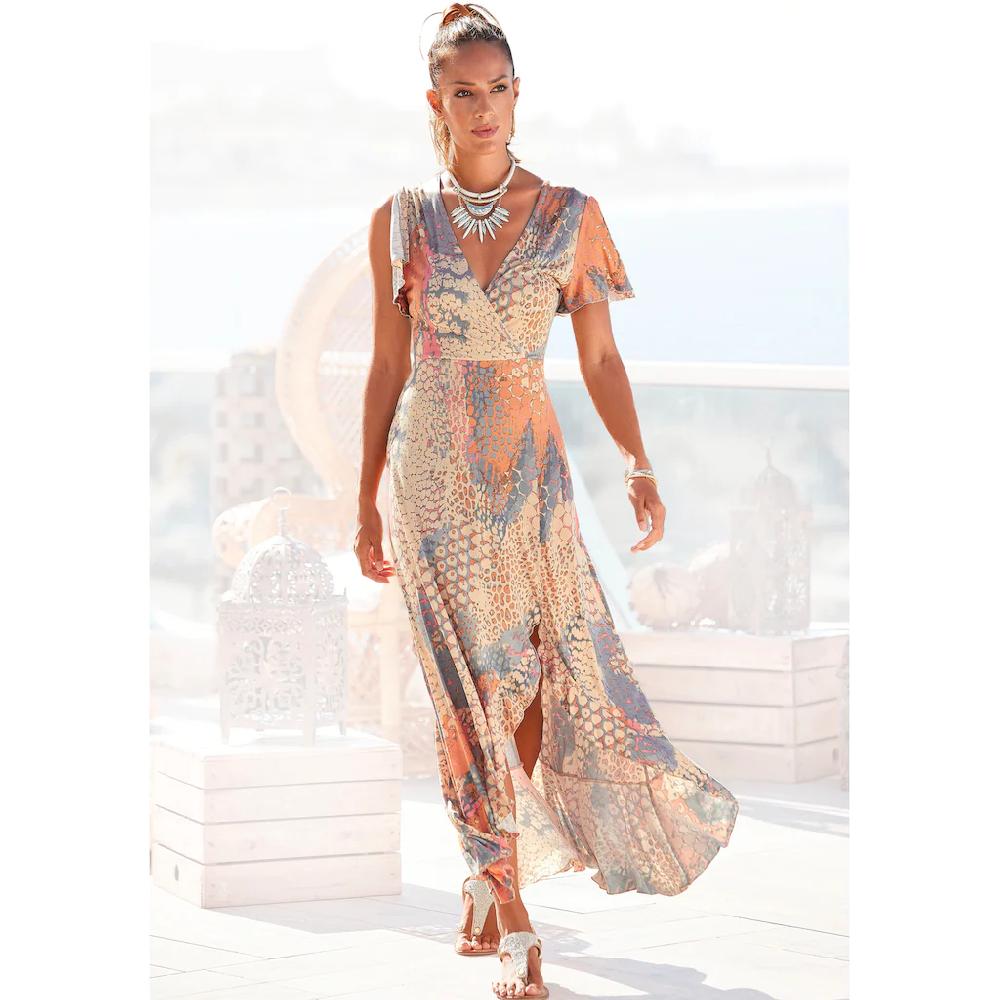 Buffalo Maxikleid mit Animalprint Schlitz und Volant Flügelärmel Druckkleid