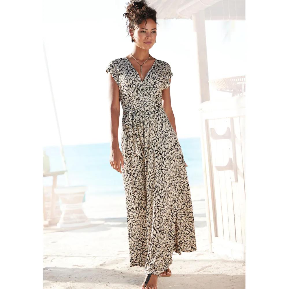 Buffalo Maxikleid (mit Bindegürtel) mit Alloverdruck Sommerkleid mit Taschen Strandkleid