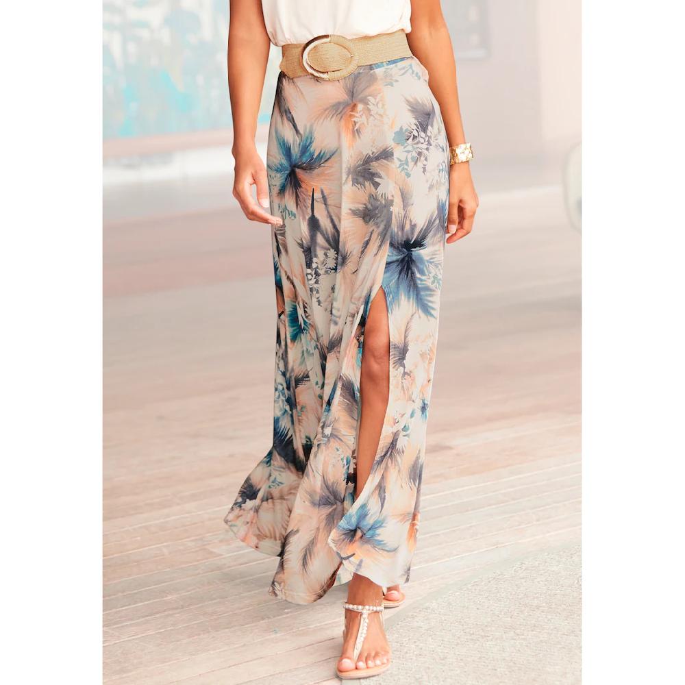 Buffalo Maxirock aus Viskosejersey langer Sommerrock mit Alloverdruck und Schlitz