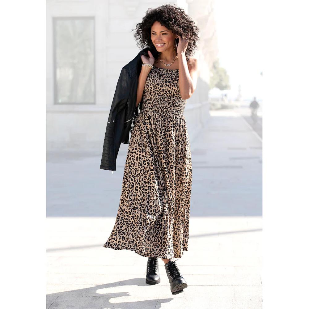 Buffalo Midikleid mit gesmoktem Oberteil und Animalprint Leokleid Sommerkleid