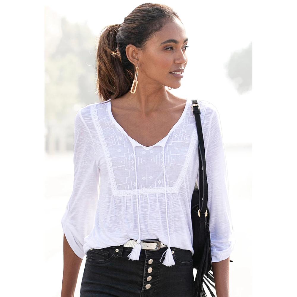 Buffalo Strandshirt mit Stickerei und Quasten Tunika 3/4-Arm Blusenshirt