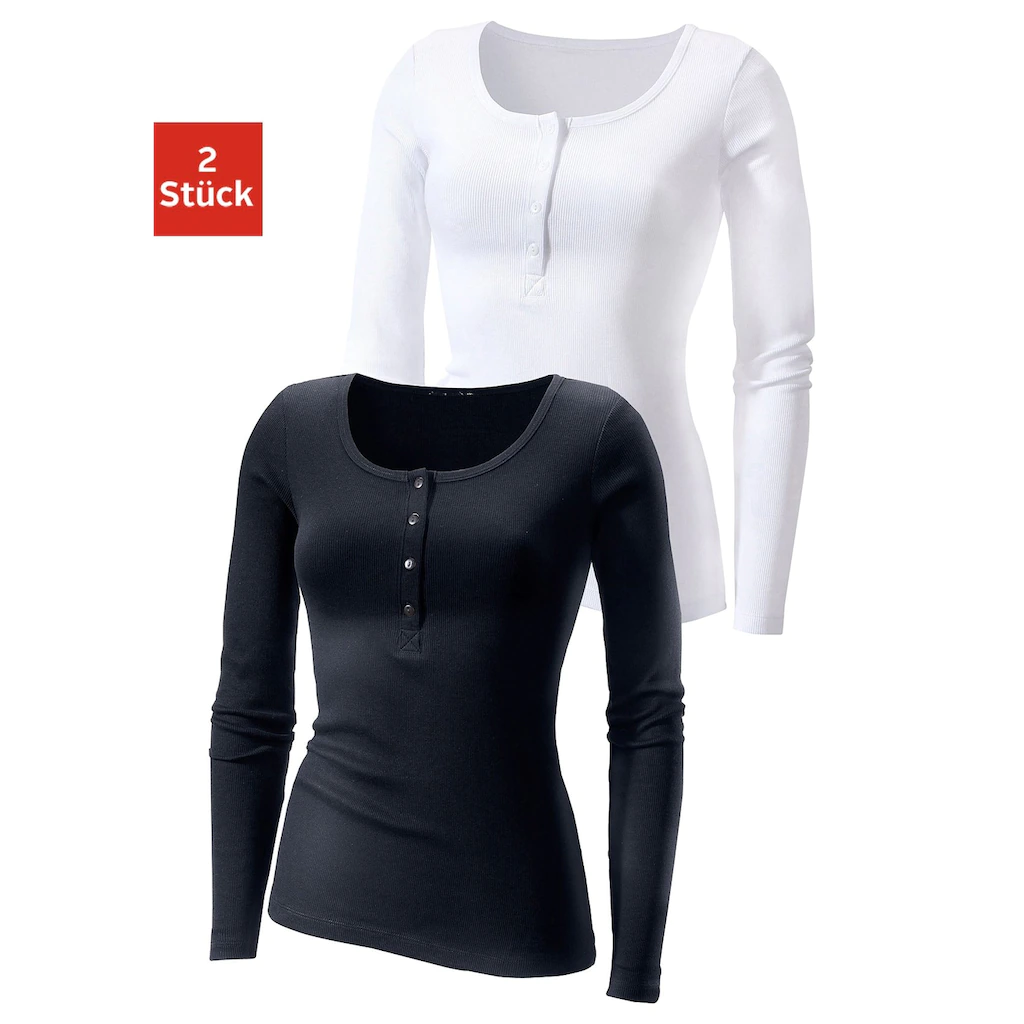 H.I.S Langarmshirt »mit kurzer Knopfleiste« (2er-Pack) aus modischer Rippqualität