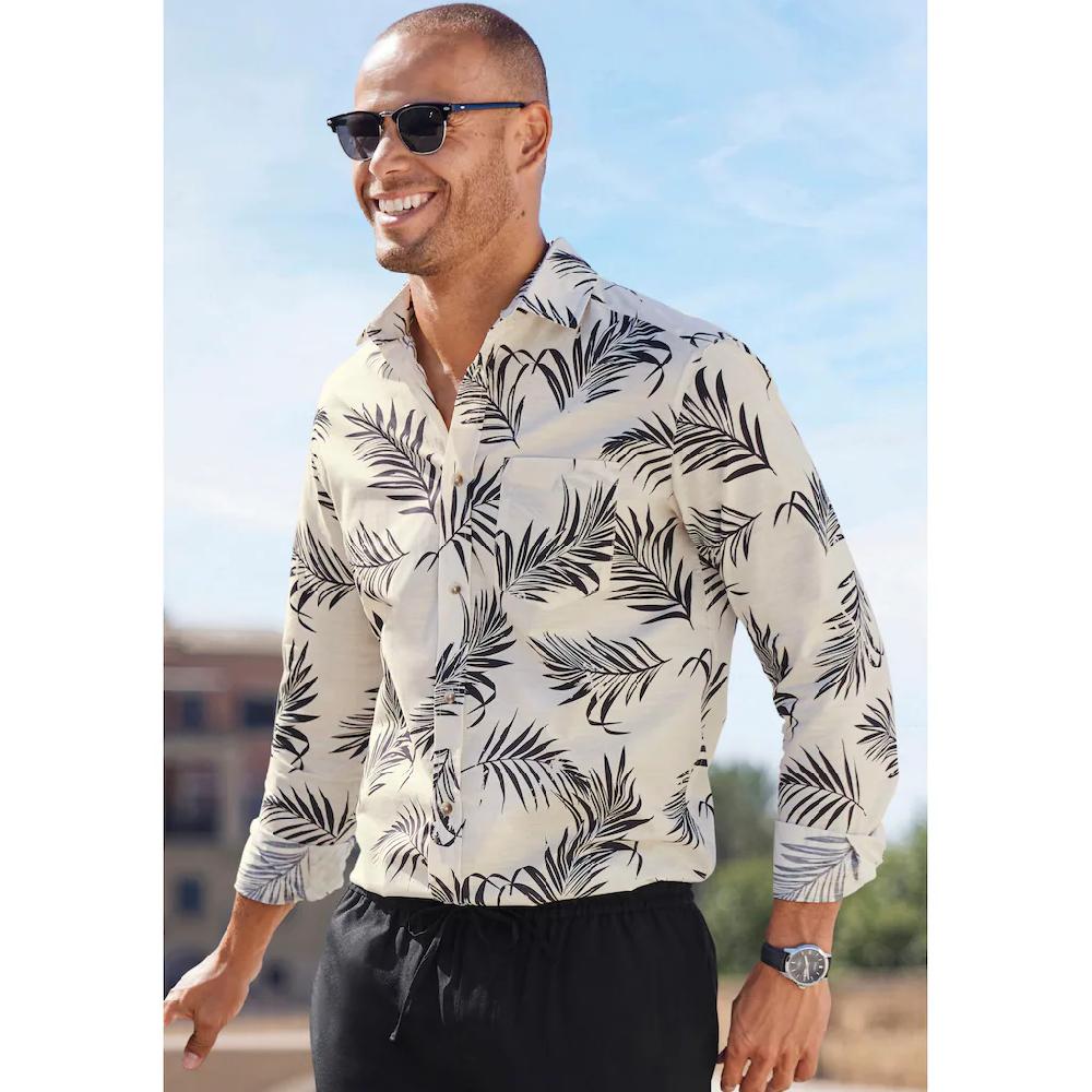 John Devin Hawaiihemd »Regular Fit « Langarm Freizeithemd Mit Palmenprint Aus Reiner Baumwolle