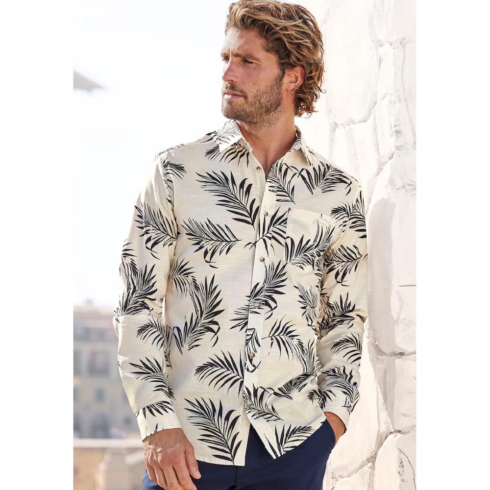 John Devin Hawaiihemd »Regular Fit « Langarm Freizeithemd mit Palmenprint aus reiner Baumwolle