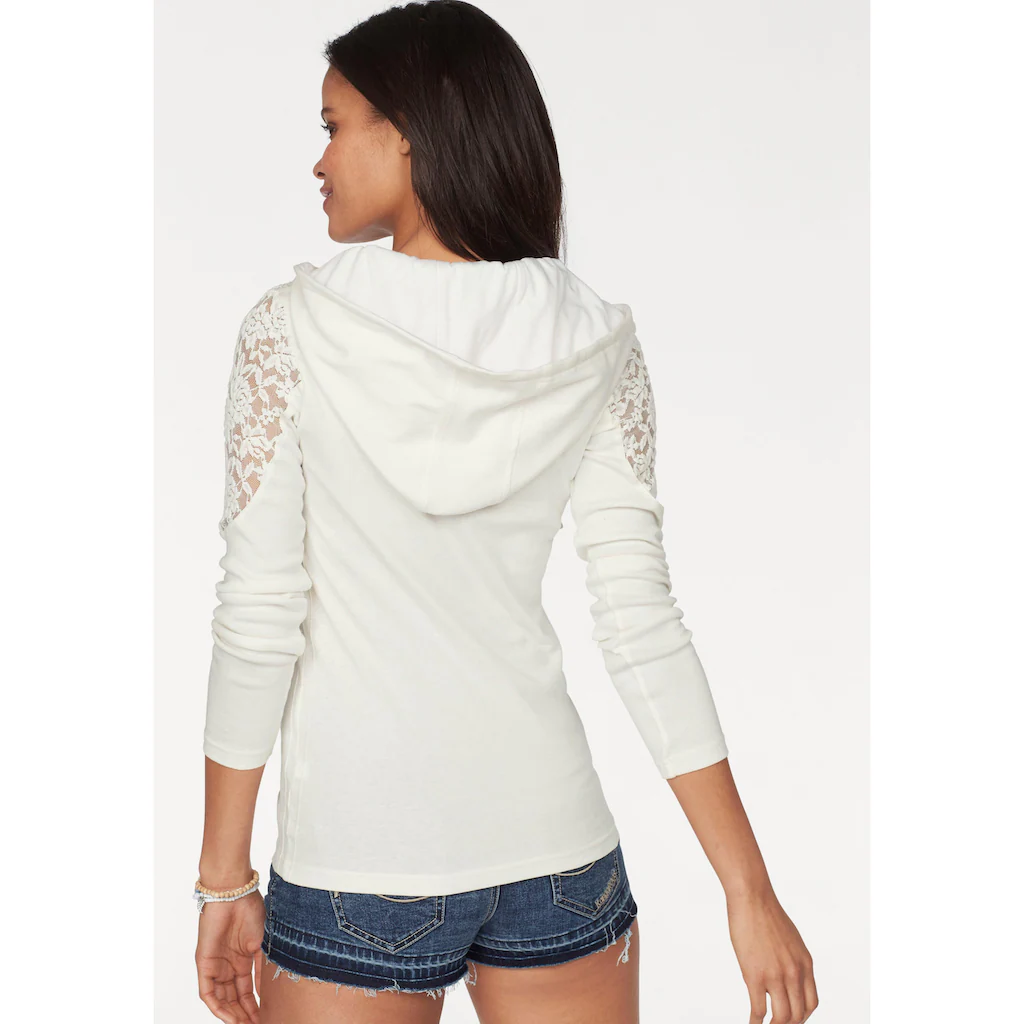 KangaROOS Kapuzenshirt Langarm Figurbetonter Schnitt Mit Spitze Und Print Aus Baumwolle
