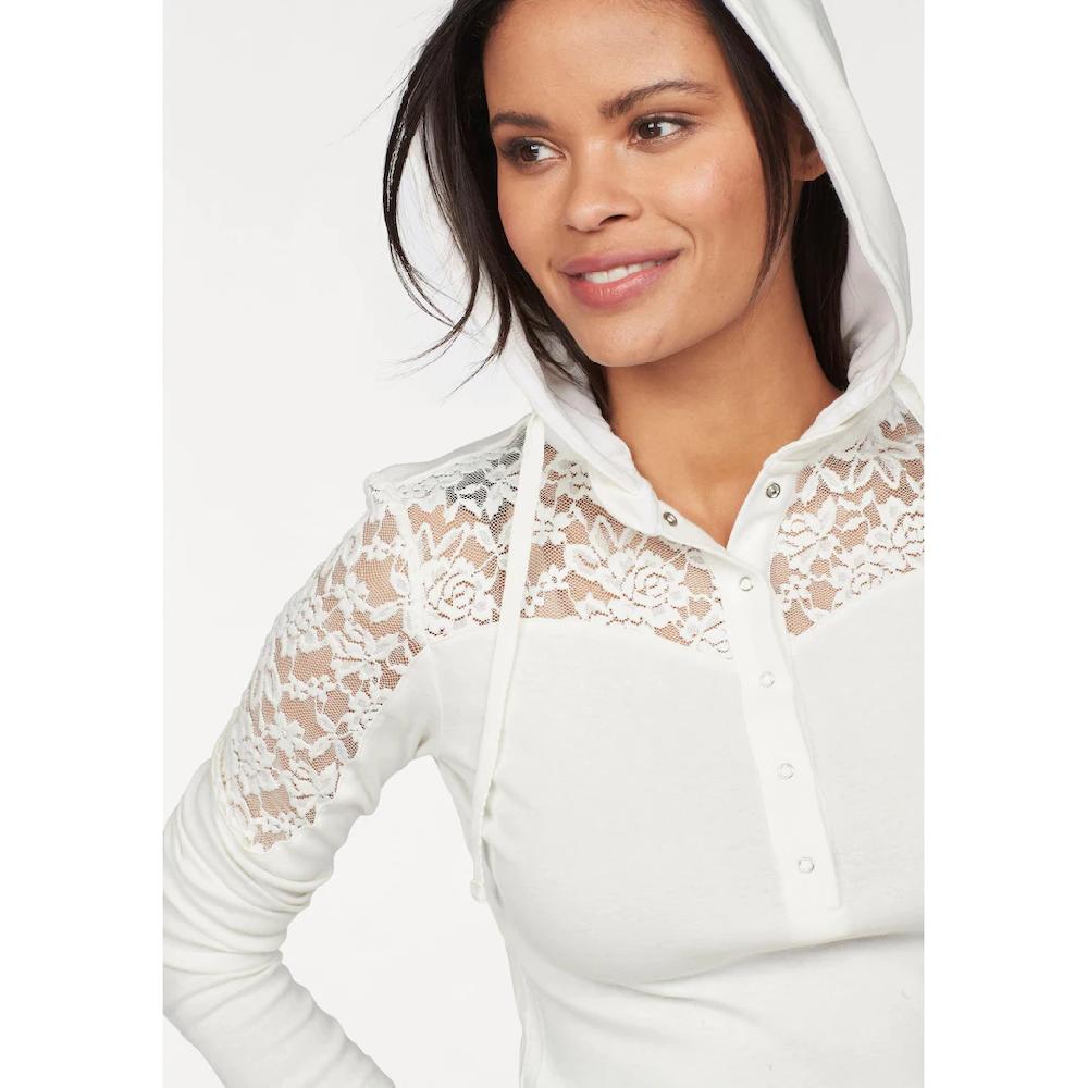 KangaROOS Kapuzenshirt Langarm Figurbetonter Schnitt Mit Spitze Und Print Aus Baumwolle