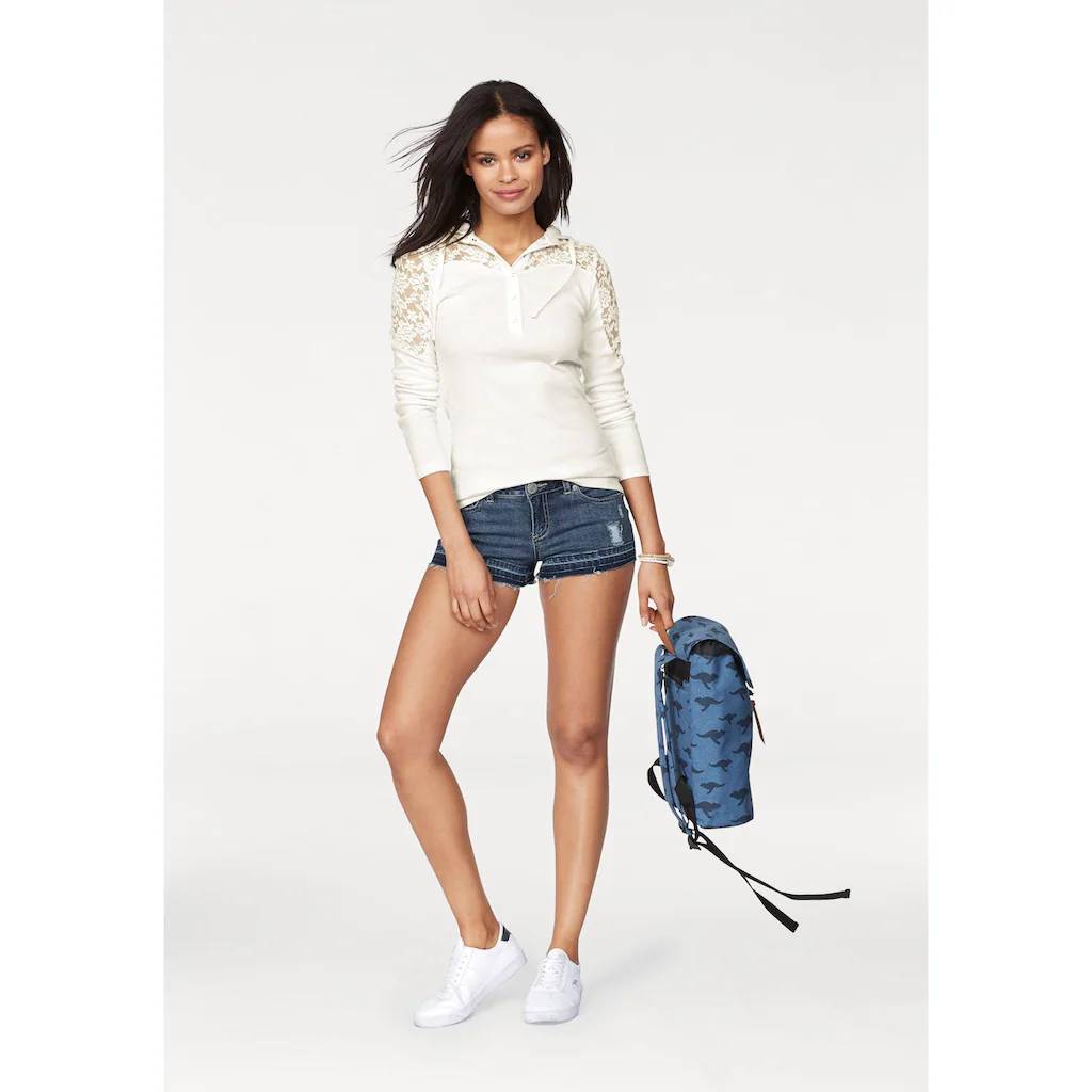 KangaROOS Kapuzenshirt Langarm Figurbetonter Schnitt Mit Spitze Und Print Aus Baumwolle