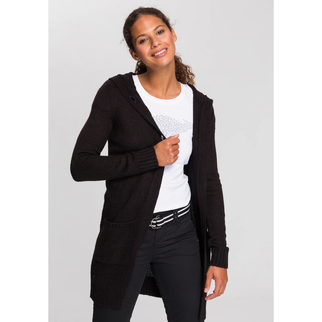 KangaROOS Kapuzenstrickjacke mit aufgesetzten Taschen und breiten Rippbündchen