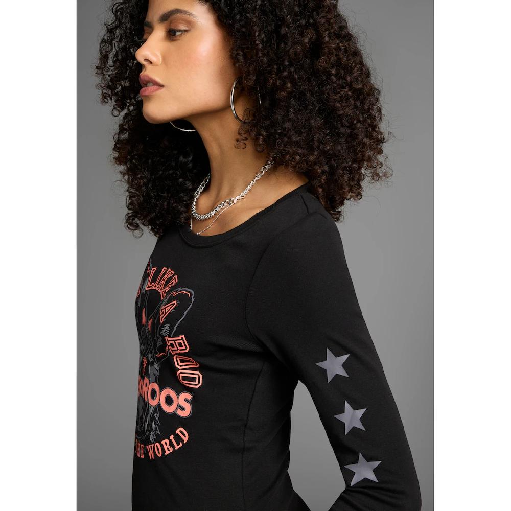 KangaROOS Langarmshirt Langarm Unifarben Mit Farbeinsatz Und Logodruck