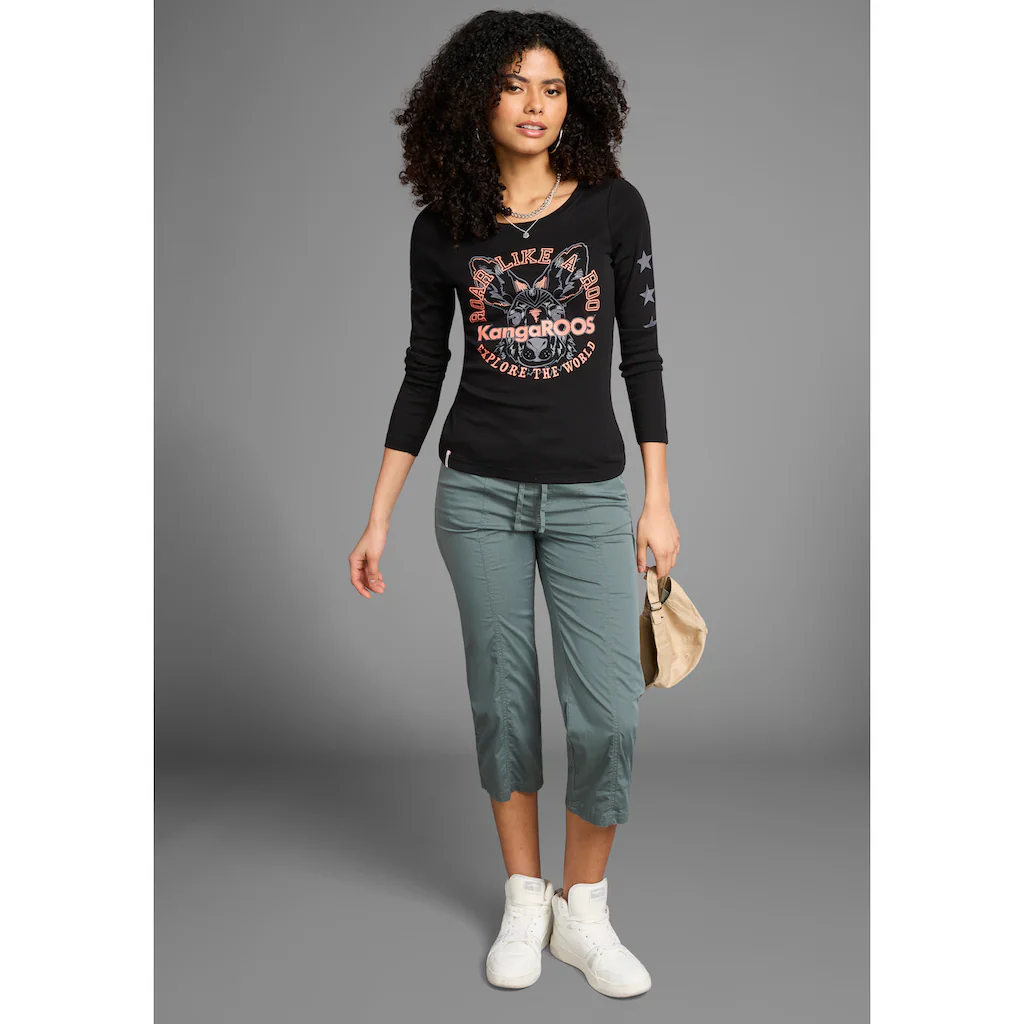 KangaROOS Langarmshirt Langarm Unifarben Mit Farbeinsatz Und Logodruck